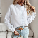 Women's Shirt Elegant Long Sleeve Ruched Stand Neck Office Lady Blouse Casual Button Shirts Harajuku Tunics Street Simple Tops