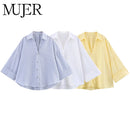 MUJER Striped Women's Shirt White Loose Casual Shirts for Women Summer Button up Shirts and Blouses Woman Wide Sleeve Ladies Top
