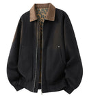 Men's Utility Workwear Jacket Full Zip Contrast Collar Large Patch Pockets Elastic Cuffs Hem 100% Cotton Casual Long Sleeve