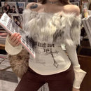 Off-the-shoulder bottoming shirt T-shirt women's autumn and winter design sense printing fashion word collar long-sleeved shirt