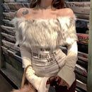 Off-the-shoulder bottoming shirt T-shirt women's autumn and winter design sense printing fashion word collar long-sleeved shirt