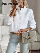 Women's Shirt Elegant Long Sleeve Ruched Stand Neck Office Lady Blouse Casual Button Shirts Harajuku Tunics Street Simple Tops
