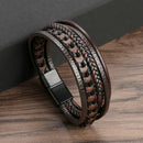 Men's Multi Layer Vintage Braided Leather Bracelet, Alloy Magnetic Buckle