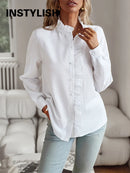 Women's Shirt Elegant Long Sleeve Ruched Stand Neck Office Lady Blouse Casual Button Shirts Harajuku Tunics Street Simple Tops