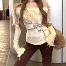 Off-the-shoulder bottoming shirt T-shirt women's autumn and winter design sense printing fashion word collar long-sleeved shirt