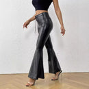 Popular Bell Bottoms for Women, Fashionable Shiny Leather Rubberized Metallic Elastic Waist Trousers New Slim Fit Trousers