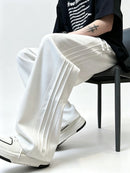 Men Wide Leg Sweatpants Side Pleated Striped Drawstring Elastic Waist Loose Straight Trousers Casual Streetwear Male Sports Jogg