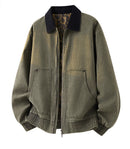 Men's Utility Workwear Jacket Full Zip Contrast Collar Large Patch Pockets Elastic Cuffs Hem 100% Cotton Casual Long Sleeve