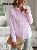 Women's Shirt Elegant Long Sleeve Ruched Stand Neck Office Lady Blouse Casual Button Shirts Harajuku Tunics Street Simple Tops