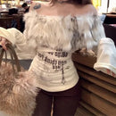 Off-the-shoulder bottoming shirt T-shirt women's autumn and winter design sense printing fashion word collar long-sleeved shirt