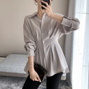 Elegant Women Shirts Woman Waist Long Sleeve Lapel Single Breasted Sashe Shirt Office Lady Business Pleated Ruched Blouses Tops